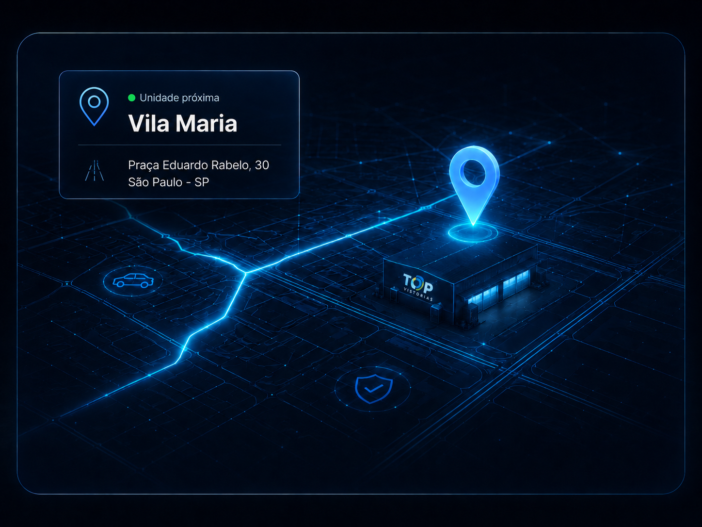 Mapa digital futurista indicando a unidade Top Vistorias Vila Maria
